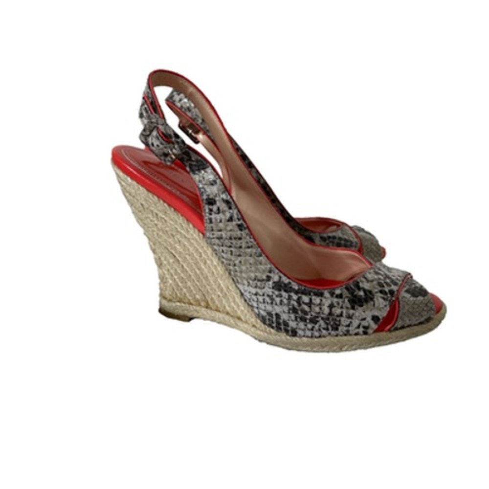 Audrey Brooke Womens Snake Skin Cork Wedge Peep Toe Sandals Orange Trim Size 9M